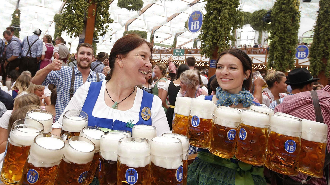 Festive Oktoberfest celebration with Bavarian blue-and-white décor