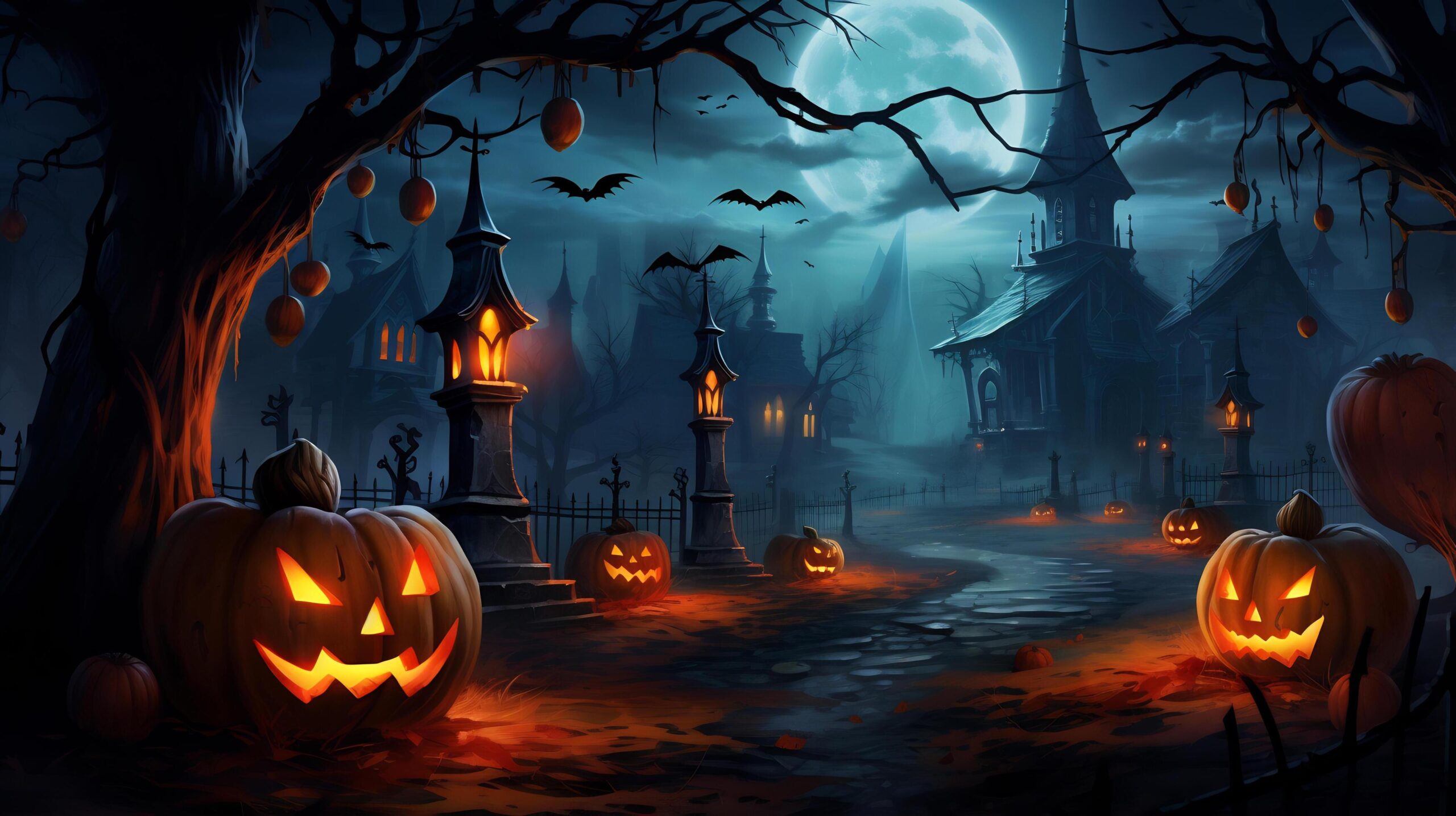 Spooky Halloween scene with glowing pumpkins and an old haunted house